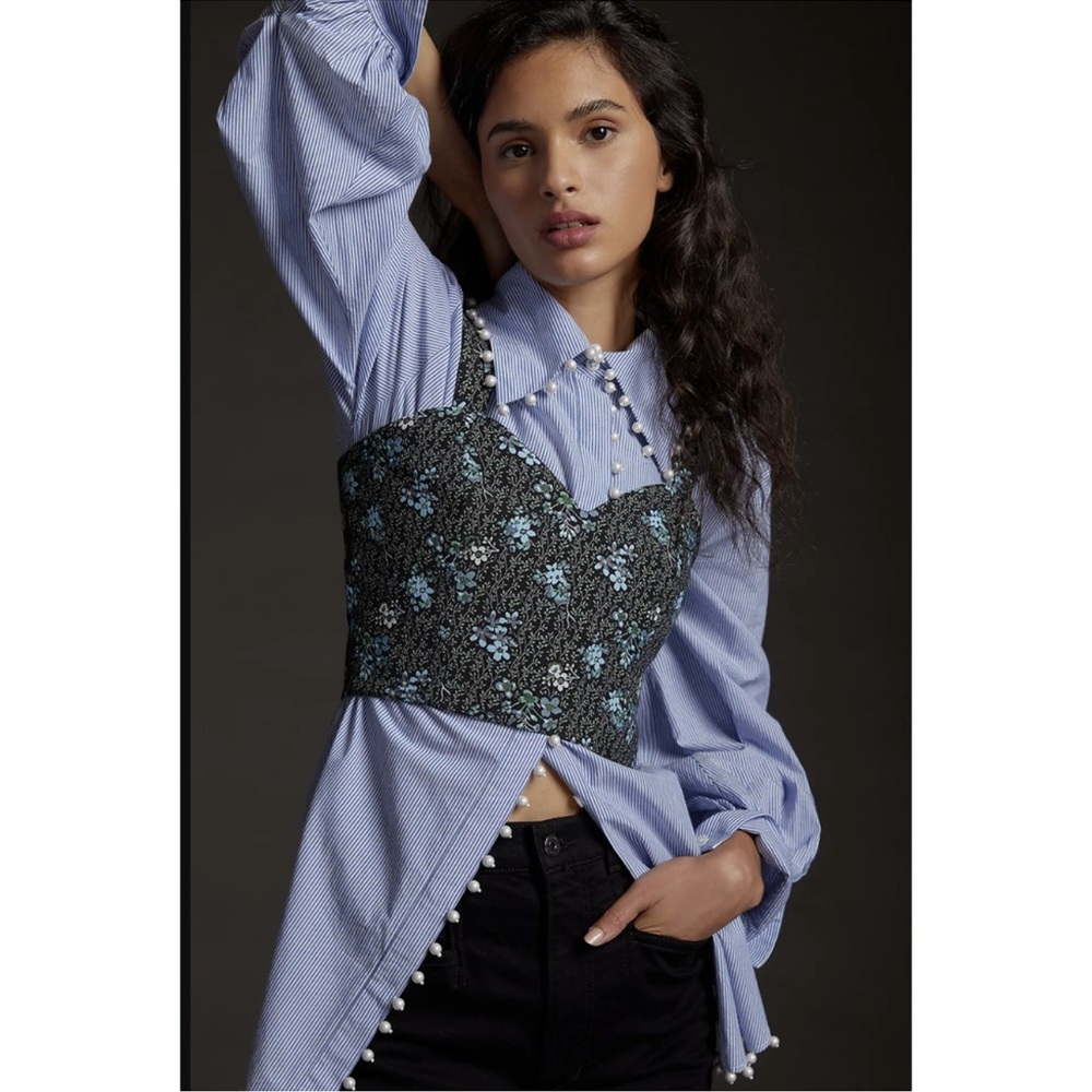Sachin + Babi Blue and Black Floral Crop Top Bustier
